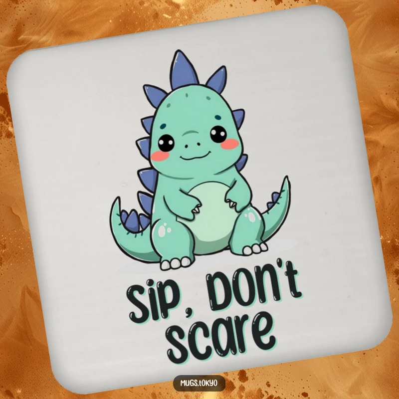 Funny drink coaster showing a character making a silly face to surprise a small Godzilla, protects surfaces humorously.