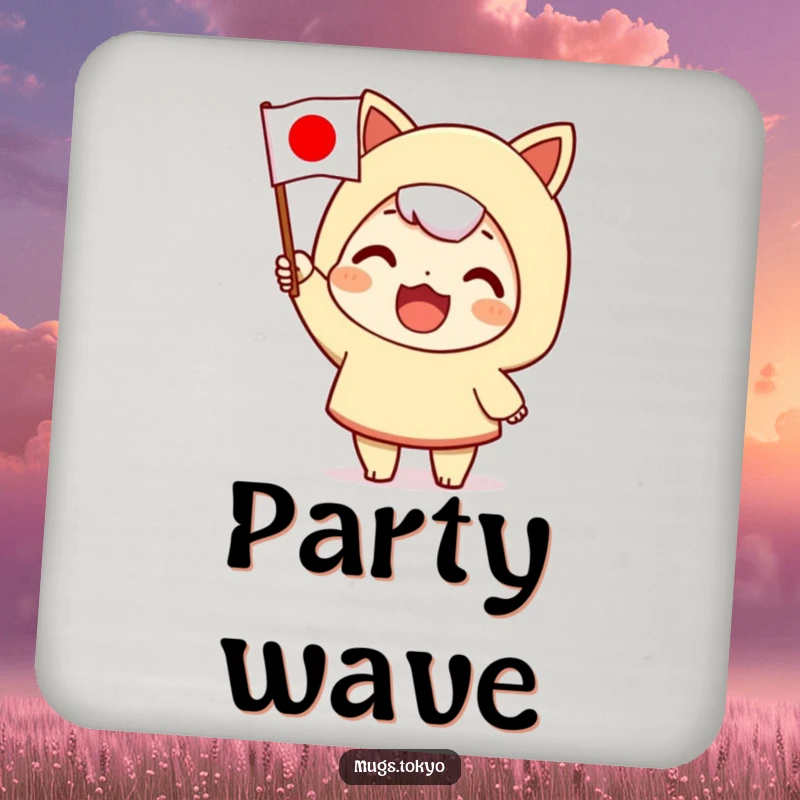 Funny drink coaster with a character enthusiastically waving a Japanese flag, protecting surfaces with patriotic charm.