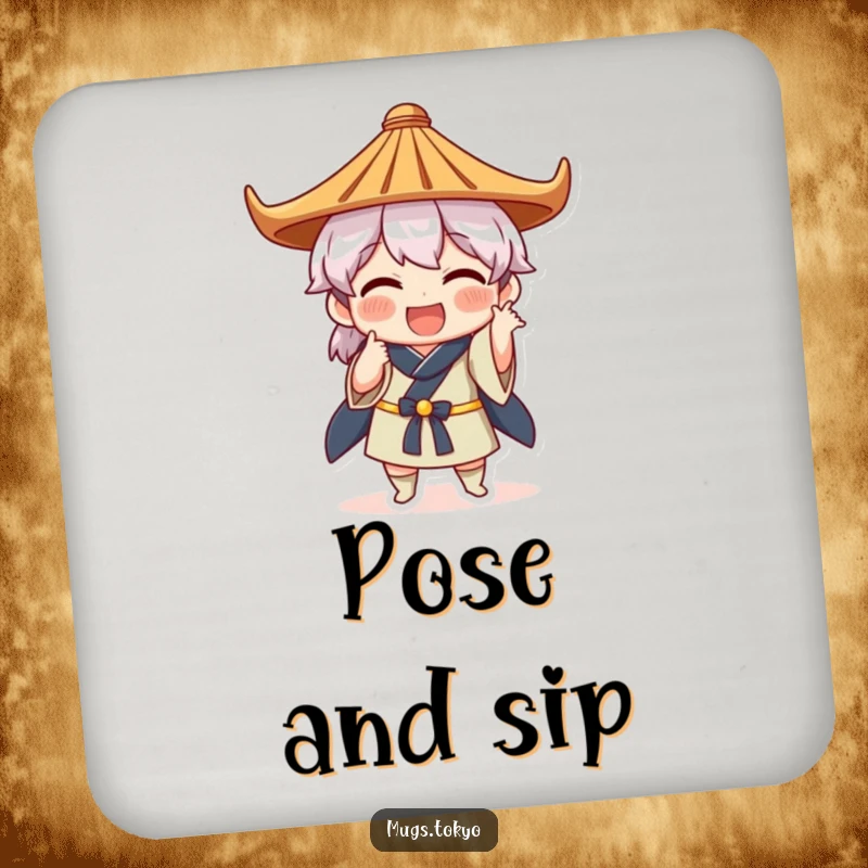 Funny drink coaster showing a character in a Japanese hat striking a comical pose, adding artistic humor to tabletops.