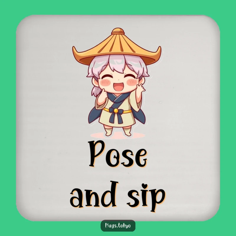 Funny Japanese Hat Pose Coaster - Quirky Art - Protect Surfaces with Humor Gift