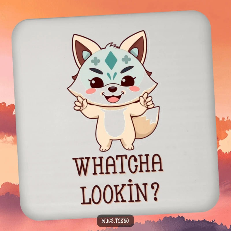 Funny Coaster Set featuring a character in a playful pose wearing a happy Kitsune mask, for humorous table protection.