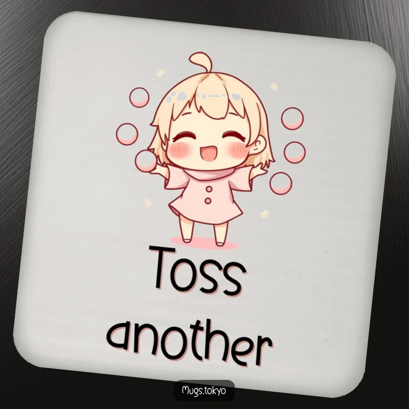 Funny drink coaster set displaying a character juggling mochi balls, adding a humorous and protective element to tables.