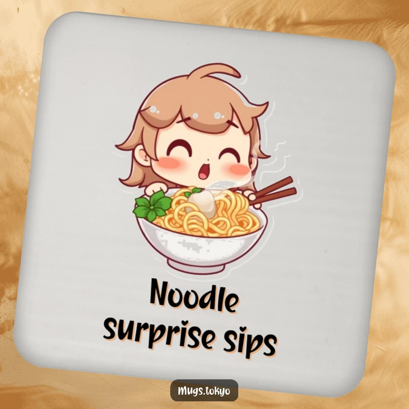 Funny drink coasters featuring a character with a surprised expression looking at a steaming bowl of noodles, protecting surfaces with foodie humor, a brilliant funny gift.