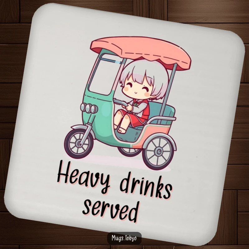 Funny drink coaster showing a character comically overloaded in a tiny rickshaw, symbolizing the humorous act of carrying many things.
