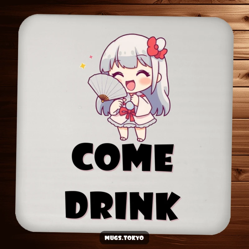 Funny drink coaster with a cheerful character holding a paper fan, playfully beckoning. Humorous and functional home accessory.