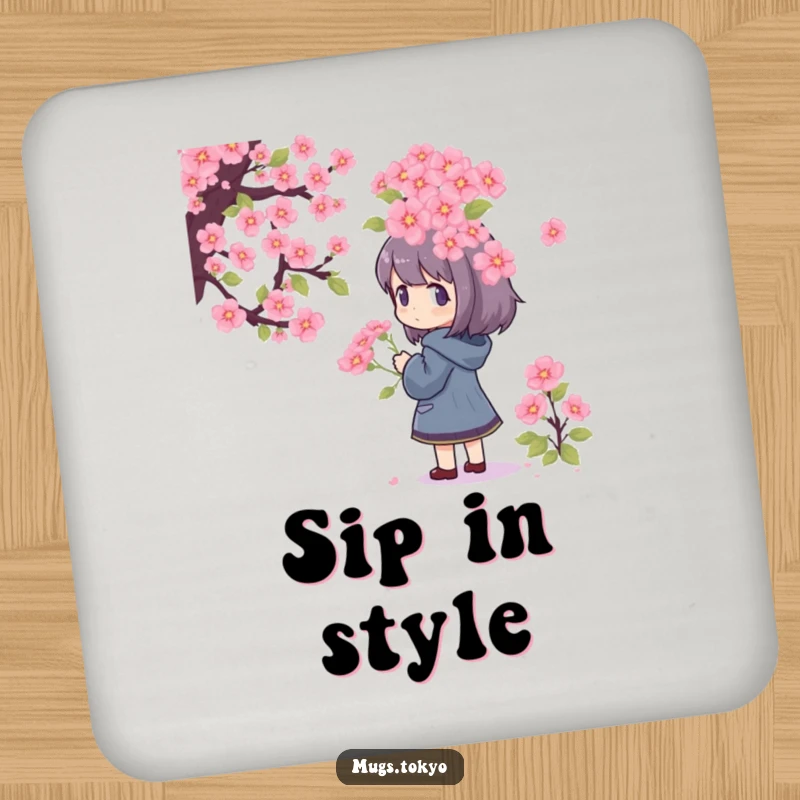 Funny Coasters showing a character admiring a large pixelated cherry blossom bouquet, perfect for protecting surfaces with retro humor.