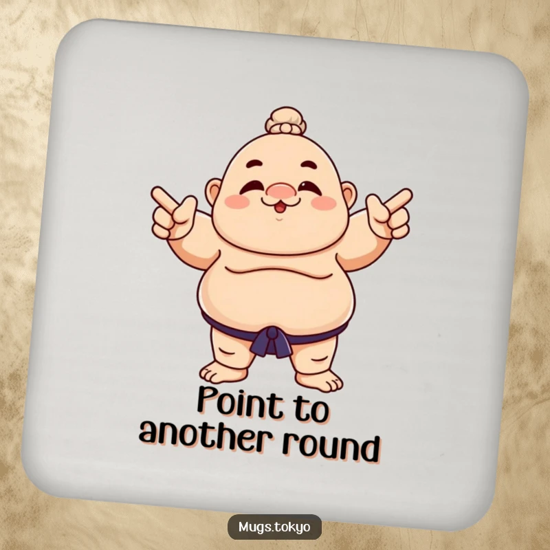 Funny drink coaster featuring a sumo wrestler character playfully pointing, adding a humorous touch to your table.