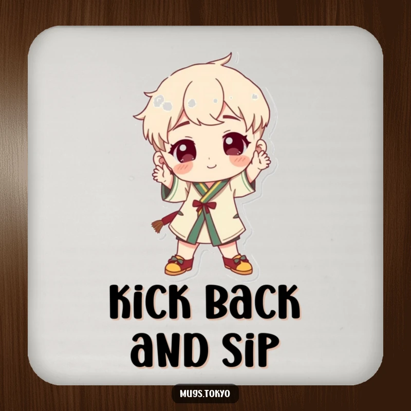 Funny character in traditional footwear striking a playful pose on a decorative and humorous drink coaster.