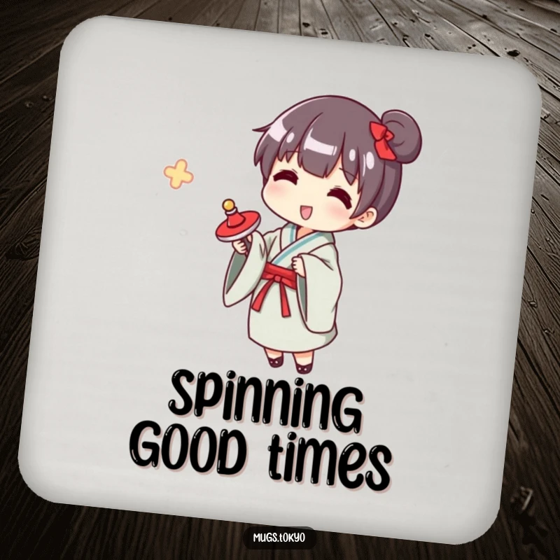 Funny yukata spinner coaster, a character in a yukata happily spinning a top, protecting surfaces with retro charm.