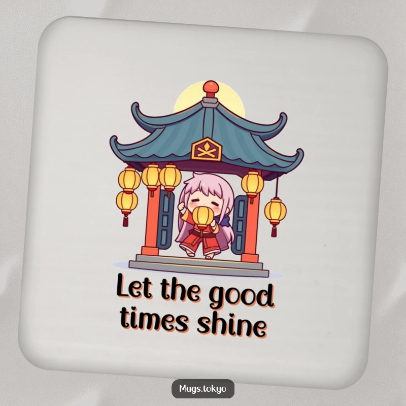 Funny drink coaster showing a character juggling glowing lanterns under a stylized temple roof, adding a touch of magic.