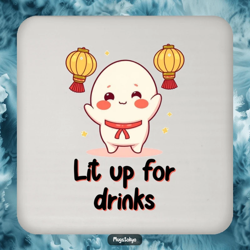 Funny drink coaster featuring a cheerful mochi character, rosy cheeks, juggling illuminated lanterns, adding playful decor to tables.