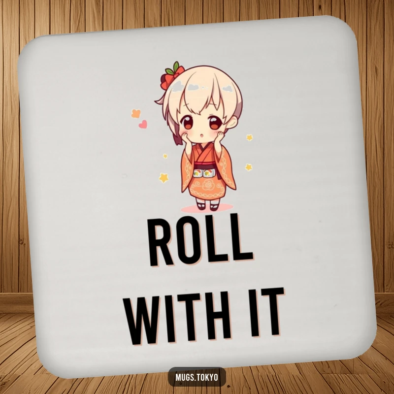 Funny cute character in a kimono, balancing sushi, a protective and humorous drink coaster.