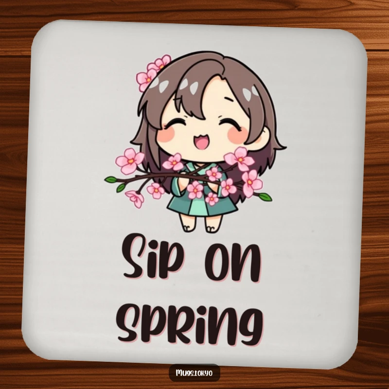 Funny Cherry Blossom Character Drink Coasters, a smiling character holding a cherry blossom branch, protecting surfaces with art.