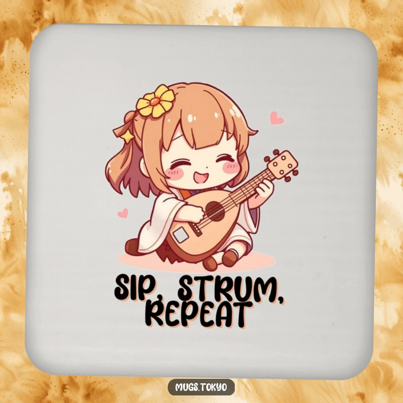Funny shamisen player coaster, a character happily playing a miniature shamisen, protecting surfaces with musical humor and style.