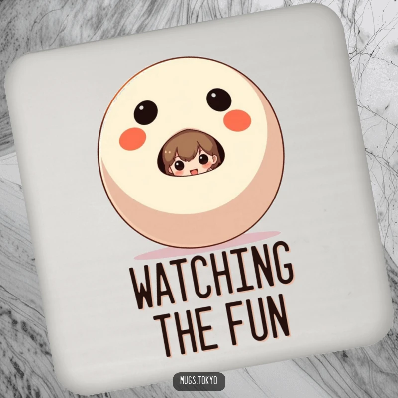 Funny Coaster Set featuring a character peeking out from behind a large Daruma doll, for stylish, lucky protection.