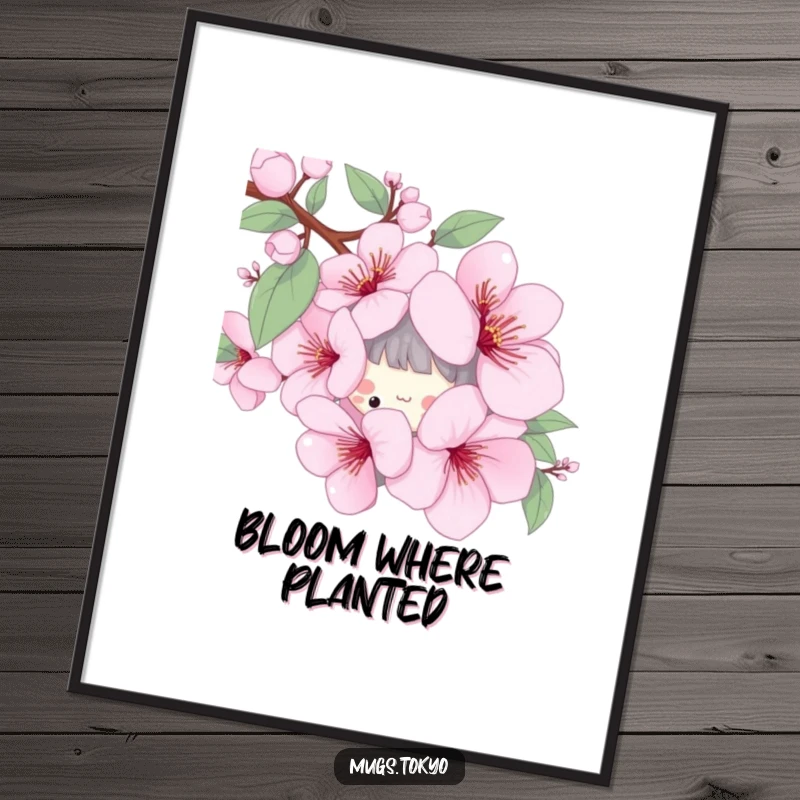 Funny poster art of a playful character peeking from behind a stylized cherry blossom, capturing the essence of spring.