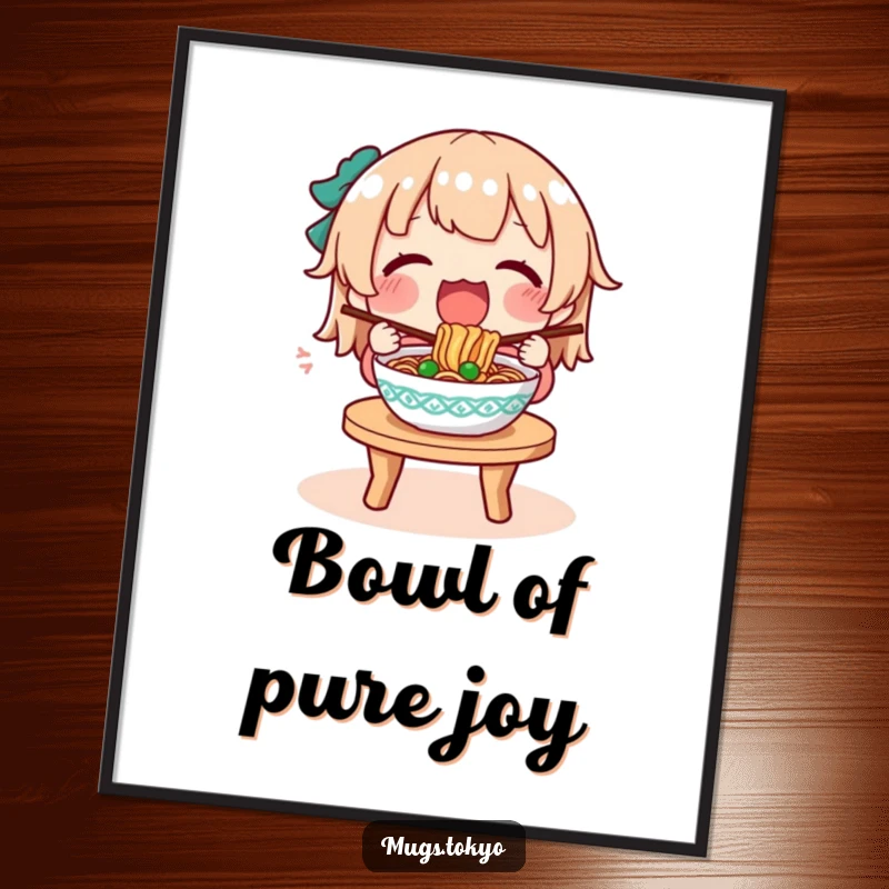 Funny poster art of a character joyfully slurping noodles from a steaming bowl at a small, cozy table.