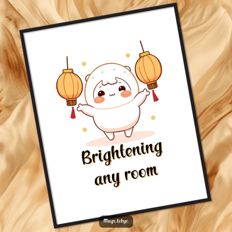 Funny cheerful mochi character with rosy cheeks juggling luminous lanterns, presented as vibrant wall art.