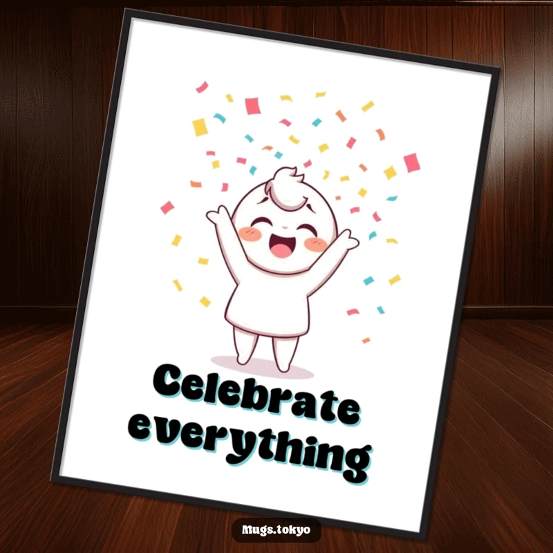 Funny poster showcasing a cheerful character joyfully tossing colorful confetti, a delightful and festive illustration for your wall.