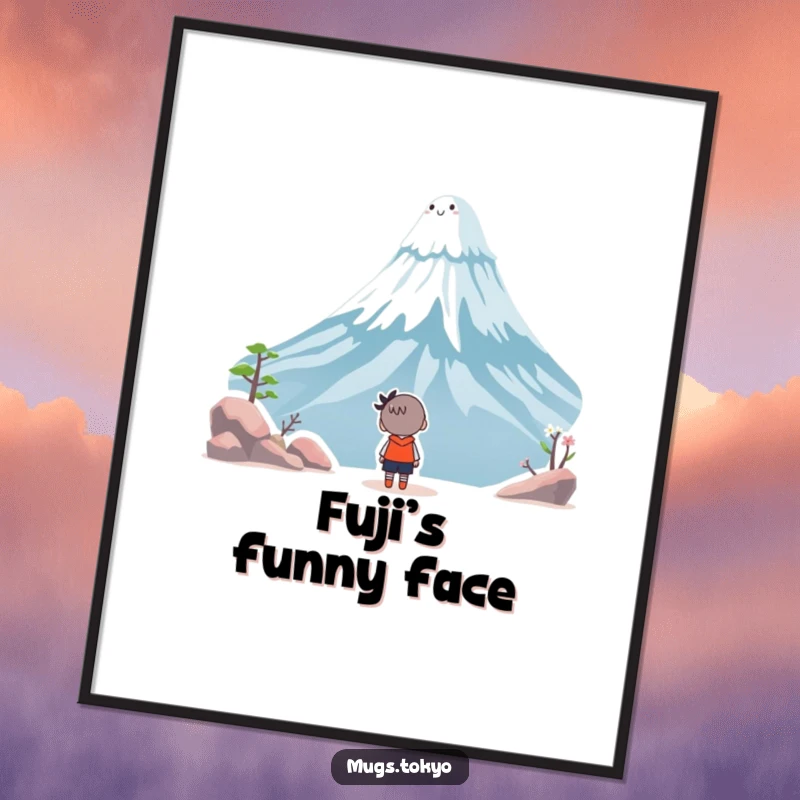 Funny poster featuring a character gazing upwards in awe at a cheerful, smiling Mount Fuji, vibrant and whimsical in style.