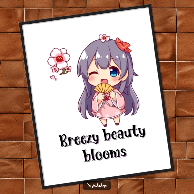 Funny cherry blossom fan poster depicting a happy character energetically waving a fan covered in vibrant cherry blossoms, bringing spring indoors.