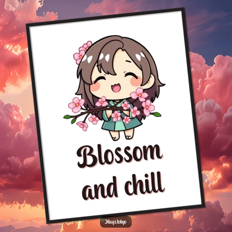 Funny Cherry Blossom Character Poster, a smiling character holding a stylized cherry blossom branch, bringing spring indoors.