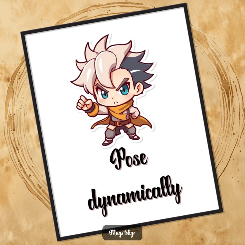 Funny poster featuring a determined character with a stylish haircut, posing dynamically. Bold and artistic wall decor.