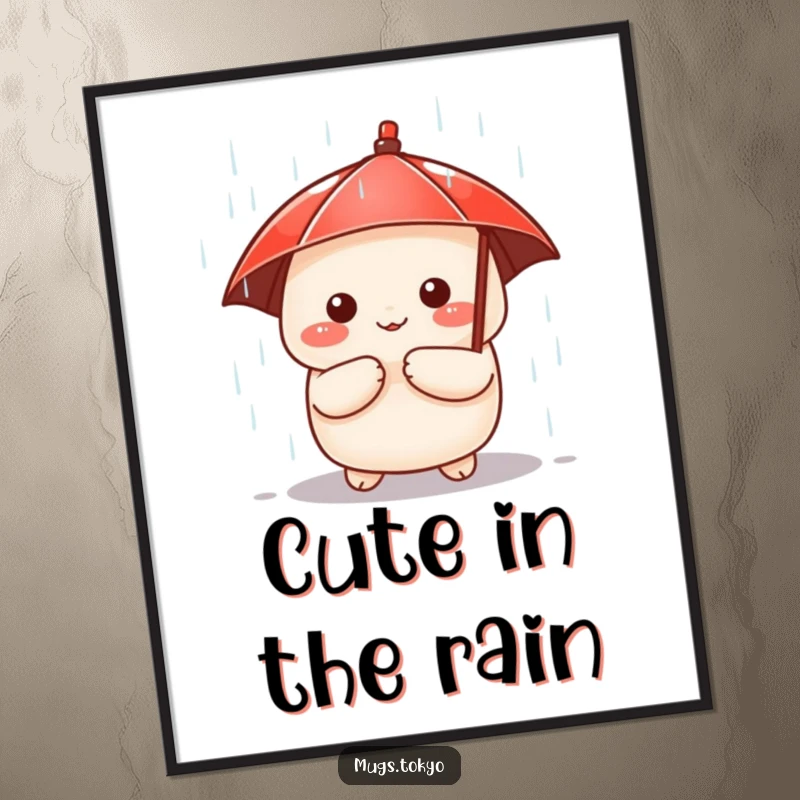 Funny poster art of a cute dumpling character with a tiny red umbrella, peeking out from a downpour, delightful wall decor.