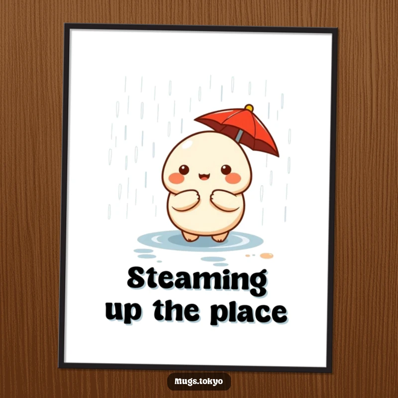 Funny cute dumpling character holding a tiny red umbrella, peeking out from rain, as wall art.