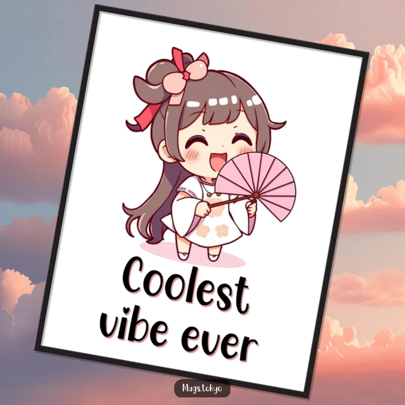 Funny poster of an excited character with a wide smile, enthusiastically waving an oversized fan to create a breeze.