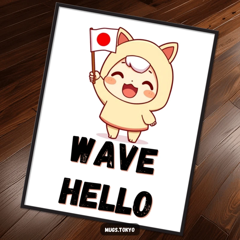 Funny poster print of a character enthusiastically waving a Japanese flag, celebrating national pride with vibrancy and joy.