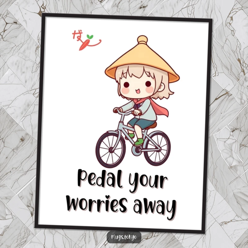 Funny poster art of a cute character wearing a Japanese hat, joyfully riding a bicycle, adding cheer to any wall.