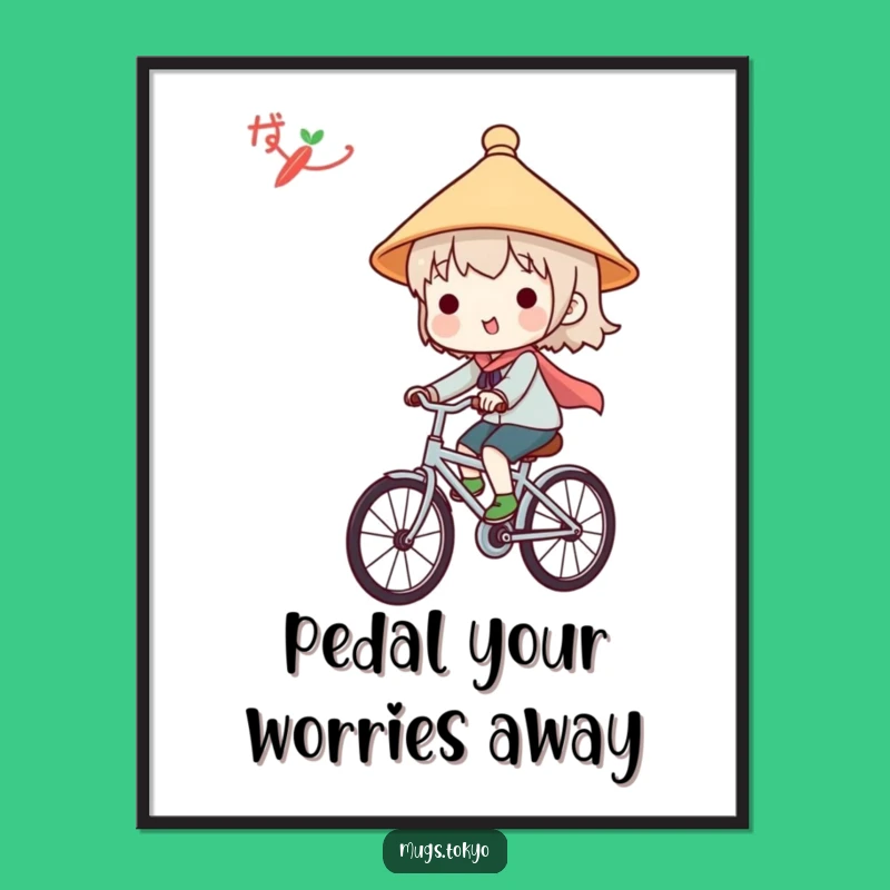 Funny Japanese Hat Bicycle Poster - Cute Character Wall Art Gift Decor