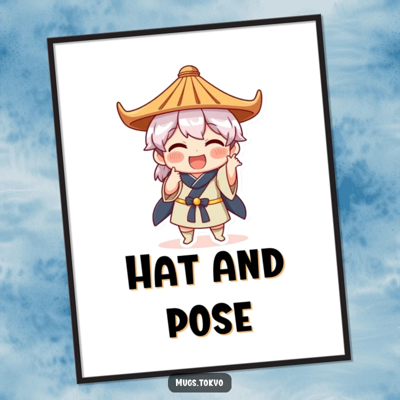 Funny poster print of a character in a Japanese hat performing a comical, exaggerated pose, full of personality and humor.