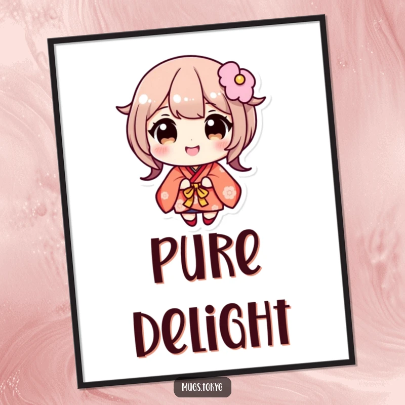 Funny poster featuring a cute character in a kimono, wide eyes, and a wide, happy smile. Decorative and humorous wall art.