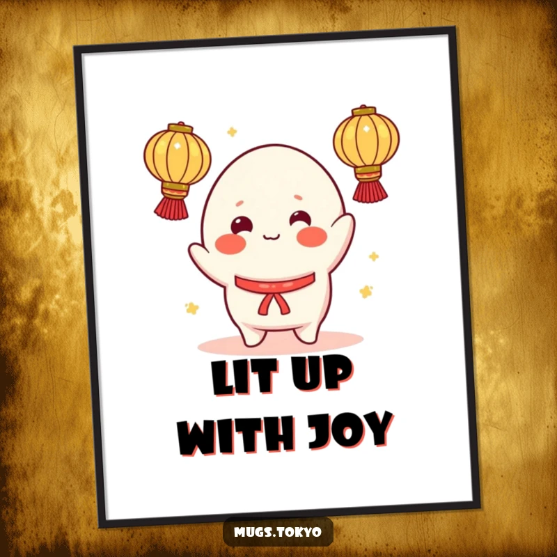 Funny poster featuring a cheerful mochi character with rosy cheeks, skillfully juggling glowing lanterns, adding vibrant energy to decor.
