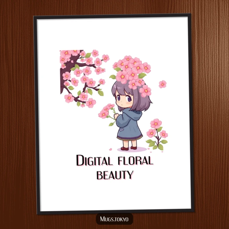Funny Poster of a character admiring a huge pixelated cherry blossom bouquet, perfect for nostalgic and humorous wall art.