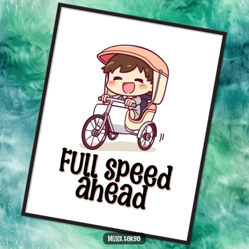Funny Poster depicting a giggling character in a tiny rickshaw, pedaling furiously downhill, capturing the essence of wild, joyous motion.