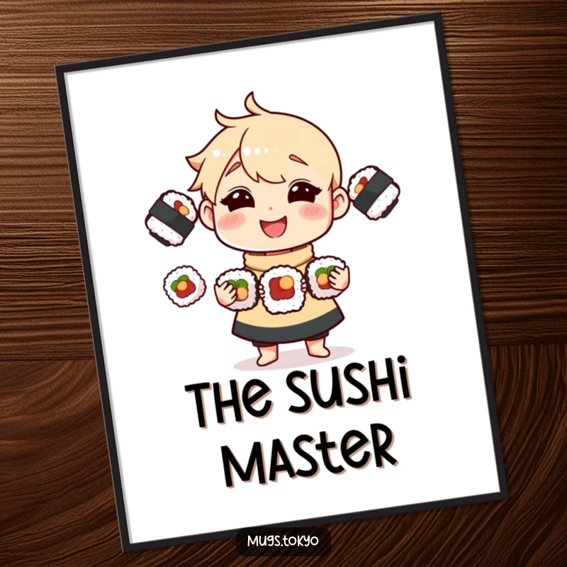 Funny Poster depicting a joyful character skillfully juggling three tasty sushi rolls, adding humorous flair to wall decor.