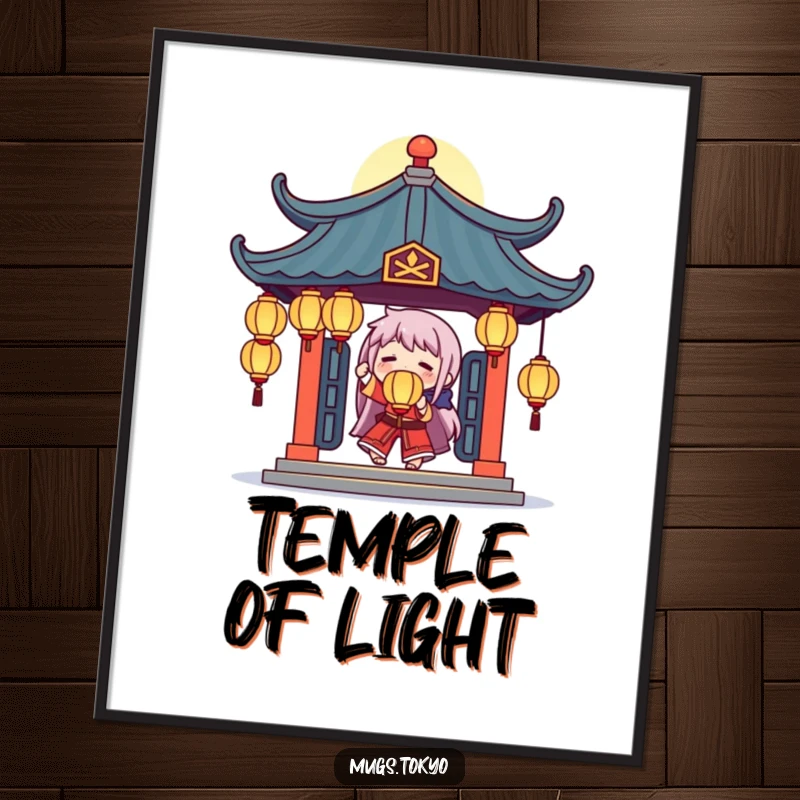 Funny poster of a character juggling radiant glowing lanterns below a detailed, stylized temple roof, evoking enchantment.