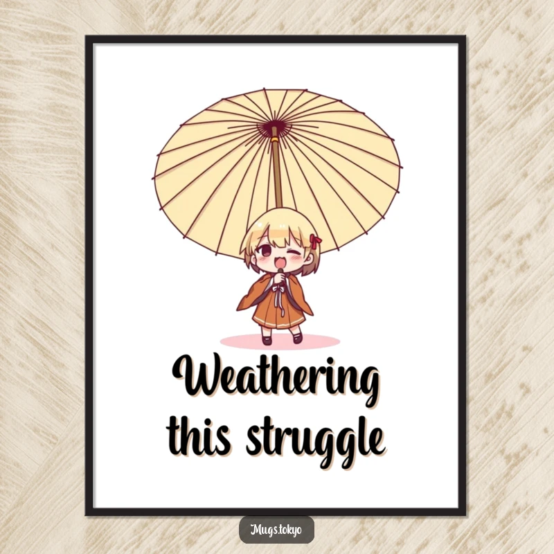 Funny umbrella struggle poster, depicting a character in a comical battle with a giant Japanese umbrella, adding humor to walls.