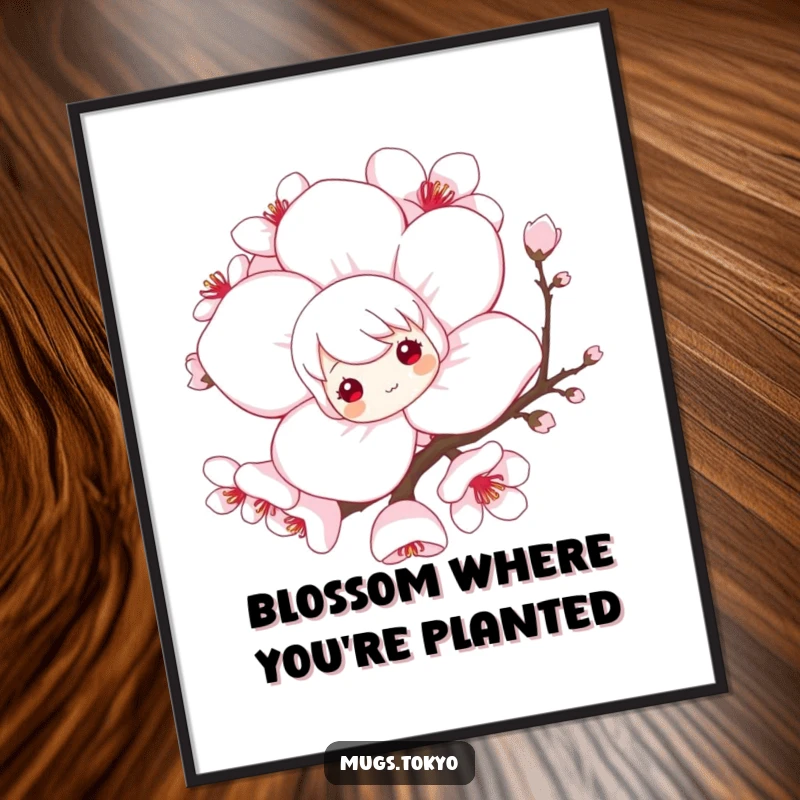Funny poster showcasing a playful character peeking from behind a large, artistic cherry blossom, creating a delightful and humorous scene.