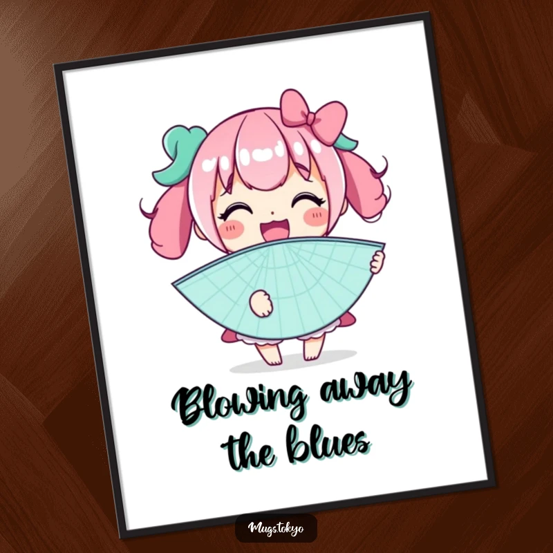 Funny poster showcasing a character with a wide grin holding a massive novelty fan, symbolizing cool relief and playful joy.