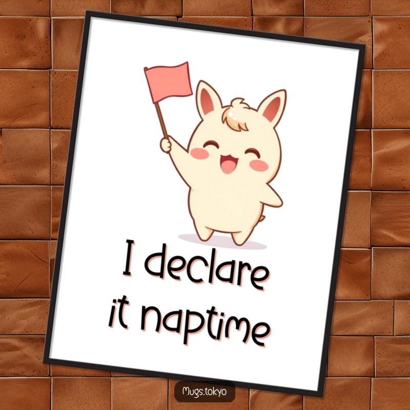 Funny poster showcasing a character excitedly waving a small paper flag with a charming design, symbolizing enthusiastic greetings and pure delight.