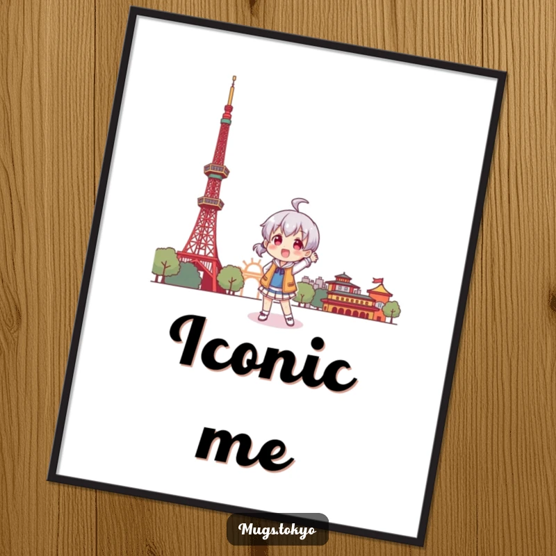 Funny poster art of a character striking a playful pose right in front of a stylized, colorful Tokyo Tower.