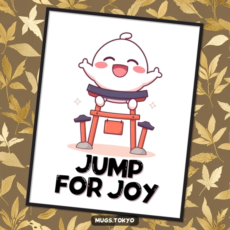 Funny poster of a bouncy dango character with a wide grin, joyfully leaping over a miniature shrine gate, adding whimsical decor.