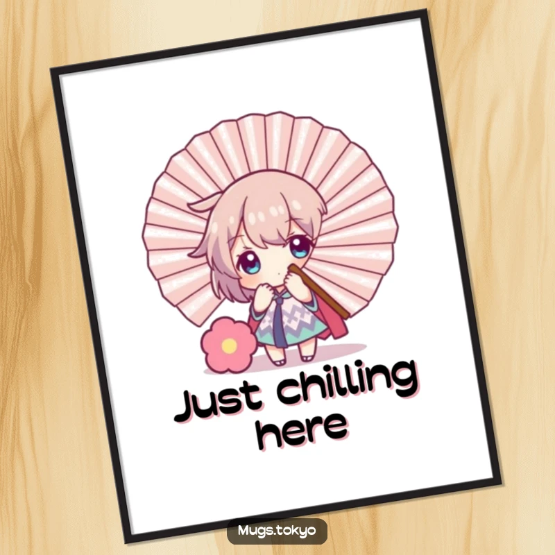 Funny poster depicting a character playfully concealed behind a large decorative fan, bringing a sense of shy humor and playful decor.