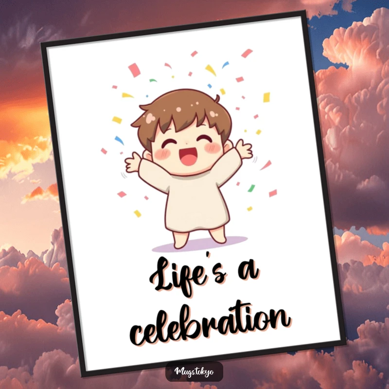 Funny poster art of a cheerful character joyfully tossing vibrant confetti, perfect for adding festive cheer to any room.