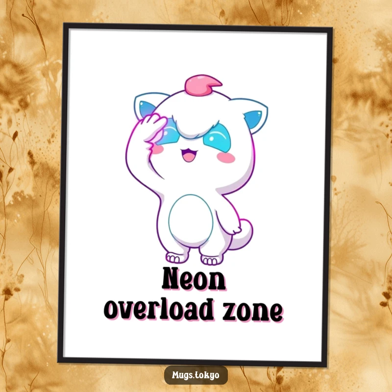 Funny Neon City Poster: A character playfully shields its eyes from bright neon lights, creating a humorous and vibrant wall art.