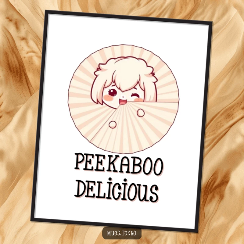 Funny bento box poster featuring a smiling character excitedly peeking from behind a large paper fan, adding whimsical decor.